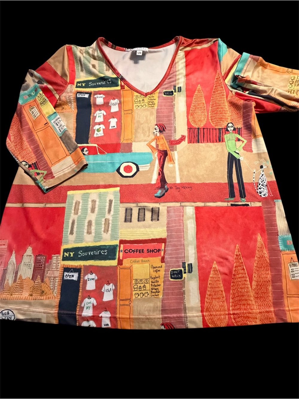 V‑Neck Long Sleeve Graphic Tee in Orange and Teal by